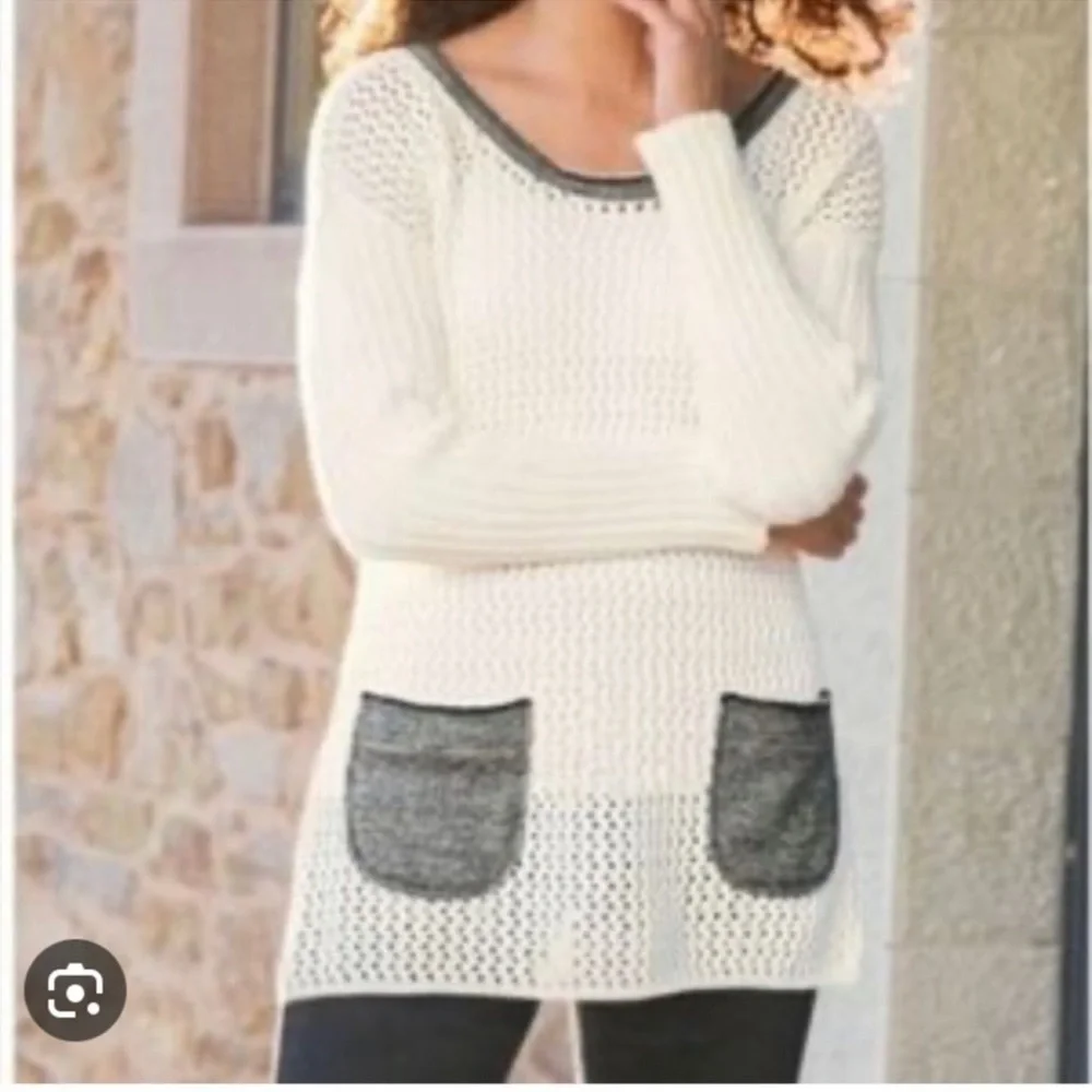 Soft Surroundings Cream Boulevard Open Knit Front Pocket Sweater- Size Large